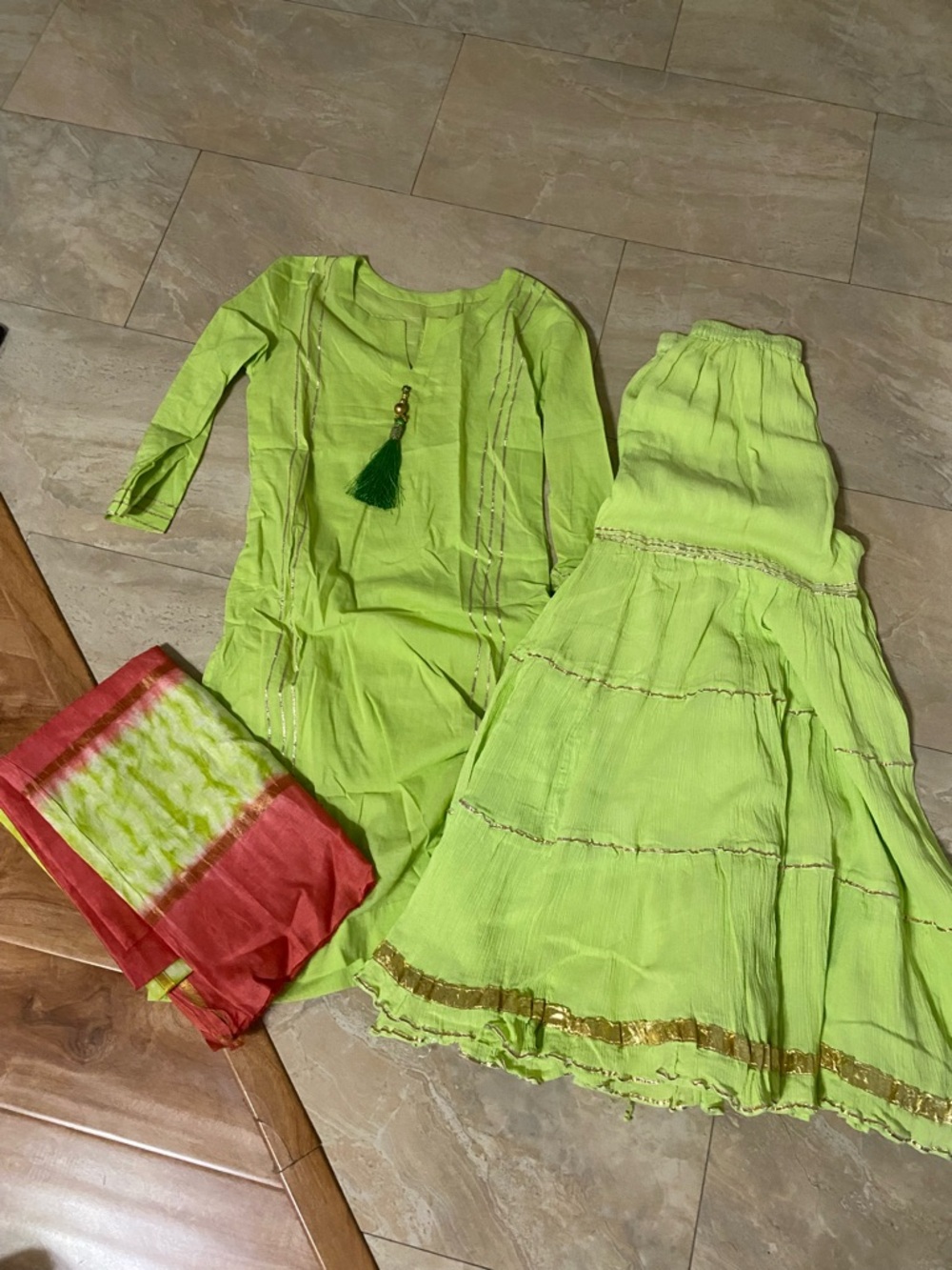Cotton Lime Green Ethnic Sharara Set with Tassel Detail Two Color Dupatta